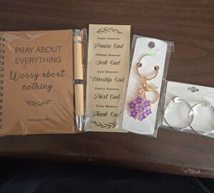 Purple Flower Keychain and Hoop Earrings Set With Inspirational Notebook And Pen